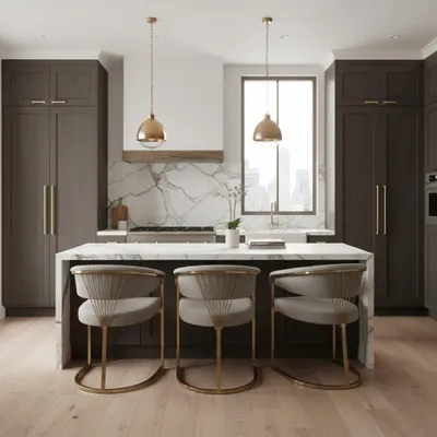 Produktbild von Set von 4 eleganten Stühlen mit goldenen Akzenten und Stoffbezug