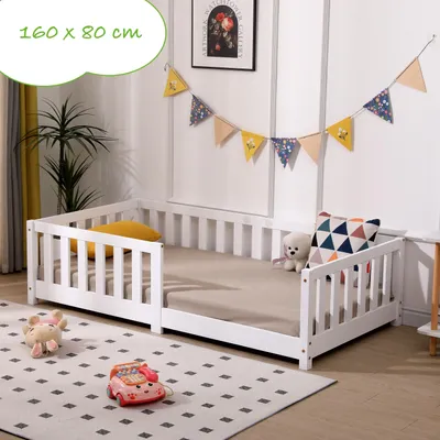 Zdjęcie produktu dla Łóżko dziecięce z zabezpieczeniem przed wypadnięciem ze stelażem listwowym | 90 x 200 cm | białe | drewno sosnowe - lite drewno | dla dziewczynek i chłopców | łóżka dziecięce