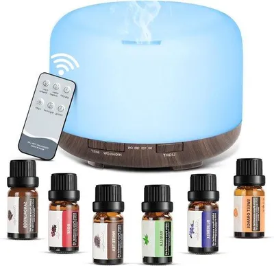 Image de Diffuseur d'aromathérapie 500 ml avec 6 huiles de 10 ml, 7 LED, minuterie, ultra-silencieux