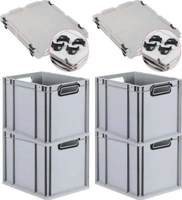 Zdjęcie produktu dla SuperSparSet 4x Eurobox NextGen Color z pokrywą podtrzymującą i przesuwanymi zatrzaskami | Wys. x szer. x gł. 32x30x40 cm | 30 litrów | Szary | Uchwyty czarne otwarte | Gładka podstawa | Europojemnik, skrzynia transportowa, pojemnik transportowy, pojemnik do sztaplowania