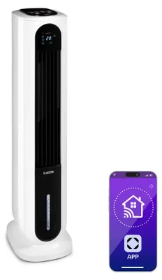 Image de Klarstein Polar Tower Smart Rafraîchisseur d'Air – 4-en-1 Ventilateur, Humidificateur & Purificateur, WiFi & Alexa, 7L Réservoir, 3306 m³/h, Silencieux, Minuterie, Mobile avec Roulettes, Noir