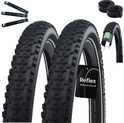 Immagine prodotto di 2 pneumatici per bicicletta Schwalbe SMART SAM PLUS Performance E-50, modello DD GreenGuard, 29 x 2,25 (57-622), colore nero/riflettente, più 2 camere d'aria Schwalbe DV19, incluse le leve per pneumatici