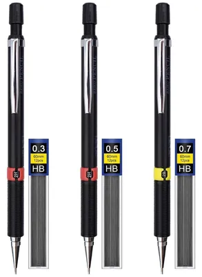Produktbild von Druckbleistift Set 3 Stück 0,3 0,5 0,7 mm mit 36 HB Minen für Zeichnen & Schreiben