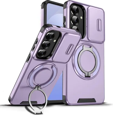 Immagine prodotto di Custodia a doppio strato per Samsung Galaxy S26+, con copertura scorrevole per la fotocamera e supporto magnetico ad anello Viola