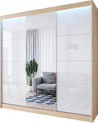 Zdjęcie produktu dla Duża szafa przesuwna LACO 180cm sonoma - fronty szkło lacobel w 3 kolorach do wyboru, lustro, w komplecie z półkami, drążkami, oświetleniem LED