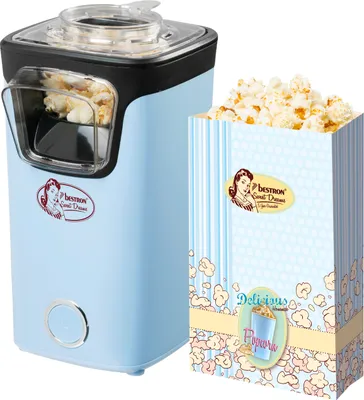Produktbild von Bestron Popcornmaker, Turbo-Popcorn in unter 2 Minuten, Popcornmaschine mit Heißlufttechnologie, inkl. 10x Popcorntüten & integrierten Messbecher, Sweet Dreams Kollektion, Farbe: Blau