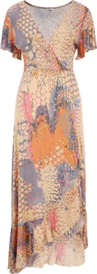 Produktbild von Buffalo Maxikleid mit Alloverdruck und Volantrock, Flügelärmel orange-blau-bedruckt Größe 36