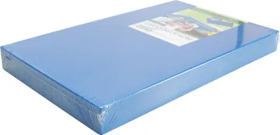 A blue cutting board wrapped in plastic.