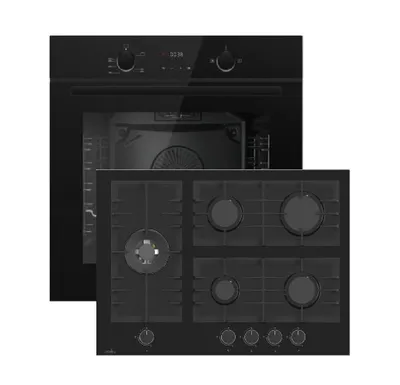 Produktbild von Gasline GB850-FIB Einbau Gasherdset Autark mit Einbaubackofen Gasherd Umluft 69 Liter und +Gasline Gaskochfeld GAG70GLG 70cm Schwarz Glaskeramik mit 5