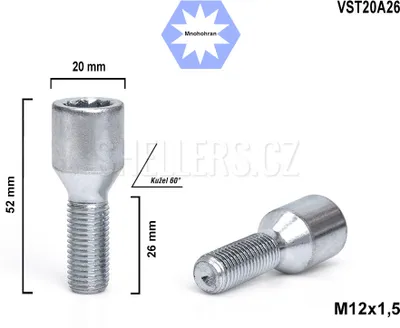 Obrázok produktu pre Skrutka kolesa M12x1,5x26 s kužeľom a vnútorným polygónom, VST20A26, priemer hlavy 20 mm, výška 52 mm