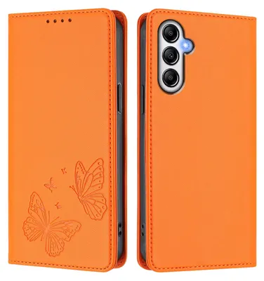 Image de Étui en cuir pour Samsung Galaxy A14 5G/4G, étui de protection type portefeuille en cuir gaufré « papillon » avec support, couleur orange