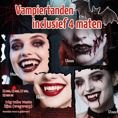 Imagen del producto de Dientes de vampiro, 4 pares, 4 tamaños, con aspecto realista, ideales para Halloween y cosplay
