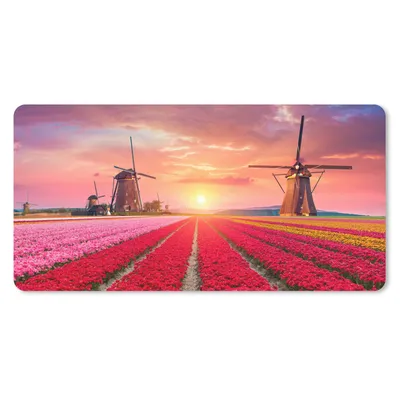 Produktbild von MuchoWow® Schreibtischunterlage Blumen - Windmühle - Tulpen - Sonnenuntergang - Rosa 80x40 cm - XXL Mauspad - Gaming Mauspad