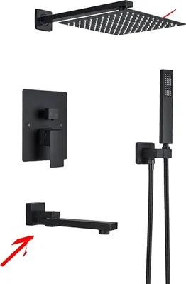Immagine prodotto di Set di accessori per doccia a parete, nero opaco, soffione a pioggia da 12/16 pollici, nero opaco A-12inch