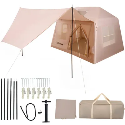 Immagine prodotto di Tenda gonfiabile COSTWAY per 4-6 persone, tenda da campeggio con veranda, porte, 3 finestre a rete, lucernario, pompa a mano e borsa per il trasporto, tenda gonfiabile da glamping