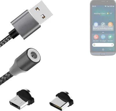 Produktbild von K-S-Trade Hochwertiges Magnet-Lade-kabel Sync-Kabel Daten-Kabel für Doro 8050 mit USB-Typ-C-Anschluss und Micro-USB-Anschluss 2A bis zu 480mbps