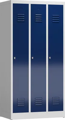 A tall, three-door locker unit with gray sides and blue doors.