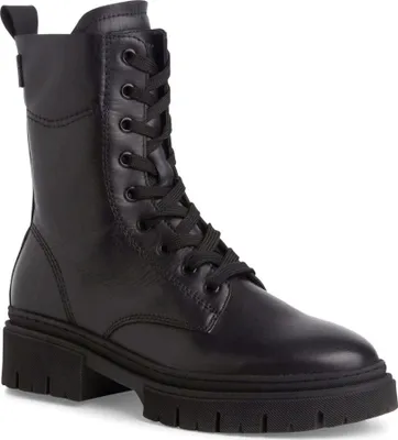 A black leather lace-up boot is shown against a white background.