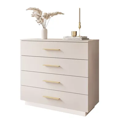 A chest of drawers with decorative items on top.