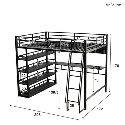 A diagram of a loft bed with integrated desk and shelves, showing dimensions.