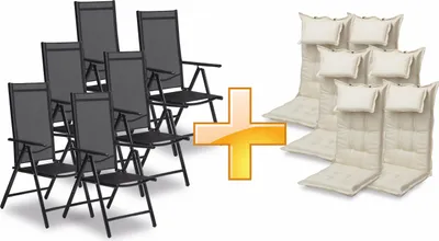 Produktbild von sunnypillow 6er Set Gartenstühle und Gartenstuhlauflagen Hochlehner | 120x50x9 cm Hochlehner Auflage wasserdicht UV-lichtecht |Cremefarben