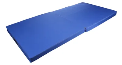 A blue gymnastics mat is shown on a white background.