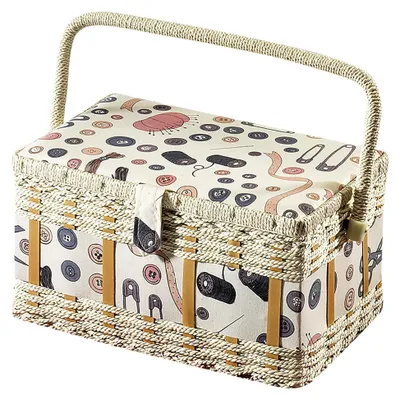 Produktbild von Nähkästchen Nähkorb Nähkörbchen Nähkasten - Knopfmuster - 28x18x16 cm Beige