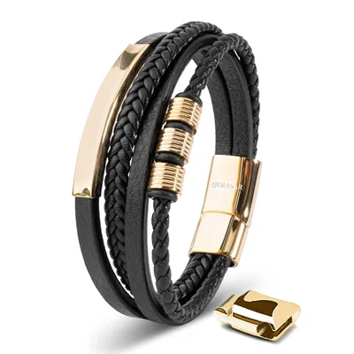 Obrázek produktu pro SERASAR | Kožený Náramek pro Muže [Brave] z Stainless Steel | Barva: Zlato | Délka: 20cm