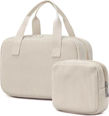 Produktbild von Kosmetiktasche für Damen, Toilettentasche aus Cord, große Make-up-Tasche mit Fächern, Kosmetiktasche, Toilettentasche, Tasche, Organizer, beige, Utility
