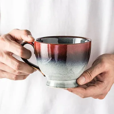Produktbild von Keramik Tasse Groß 400ml Kaffeebecher Steingut mit Henkel Rot Vintage