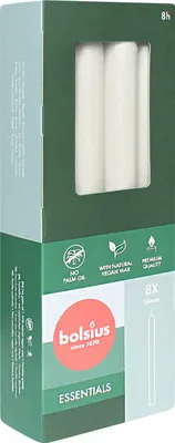 Obrázek produktu pro Tyčinkové svíčky, bílé mraky, BOLSIUS Essentials, 20/230 mm, doba hoření cca 8 h, 8 kusů v balení, torpédové svíčky, svíčky na večeři