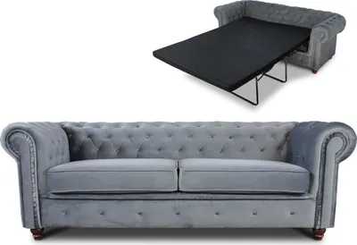 Produktbild von Schlafsofa Chesterfield Asti Bis 3-Sitzer, Sofa mit Schlaffunktion, Couch 3-er, Couchgarnitur, Sofagarnitur, Holzfüße - Glamour Design, Velours (Grau (Velvet 10))