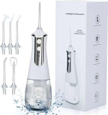 Produktbild von Munddusche, Professionelle Elektrische Kabellose Munddusche, Munddusche Zahnreiniger Wasser Flosser Oral irrigator, 3 Modi, IPX7 Wasserdicht mit 5 Düsen, USB-Ladekabel, 350ML Weiß