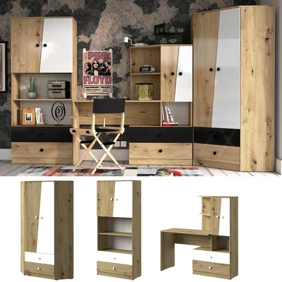 Produktbild von Jugendzimmer Kinderzimmer komplett NEO Set A Schrank Schreibtisch mit Matt-Fronten weiß-eiche-weiß