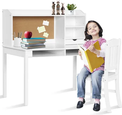 Produktbild von COSTWAY Kinderschreibtisch Set, Schreibtisch Kinder mit Pinnwand, Stuhl, Aufsatz, Schubladen & verstellbarem Regal, Schülerschreibtisch, Weiß