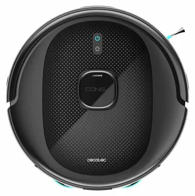 A top-down view of a black robot vacuum cleaner.