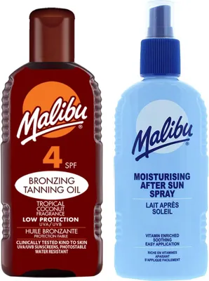 Productafbeelding van Malibu bruiningsolie SPF4 200 ml + aftersun lotion spray 200 ml Bruiningsset