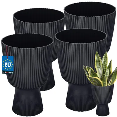 Produktbild von KOTARBAU® 4er Set Blumentopf ⌀ 18cm Orchideentopf Übertopf für Zimmerpflanzen Pflanzentopf mit Sockel Geriffelt Kelchform Kunststoff Pflanzkübel Anthrazit