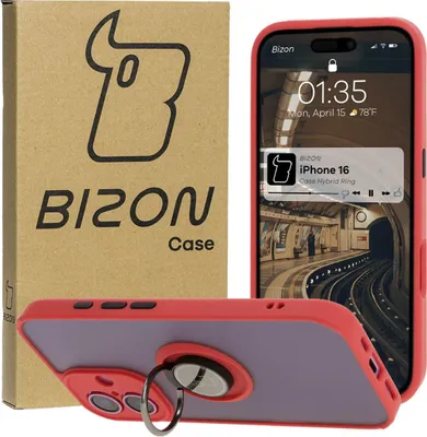 Produktbild von Bizon Case Hybrid Ring Fingerringhülle für iPhone 16, Rauch mit rotem Rahmen
