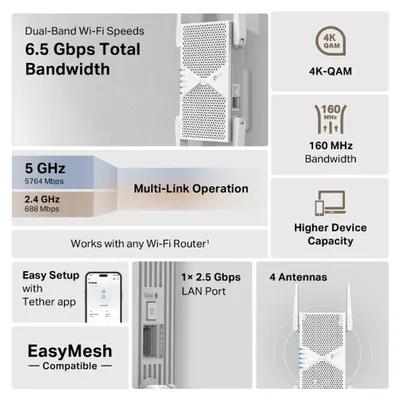 Obrázek produktu pro TP-Link RE405BE, Síťový opakovač, 2500 Mbit/s, Externí, 2.5 Gigabit Ethernet, Wi-Fi 7 (802.11be), 802.11a, 802.11b, 802.11g, Wi-Fi 4 (802.11n), Wi-Fi 5 (802.11ac), Wi-Fi 6 (802.11ax), Wi-Fi 6E...