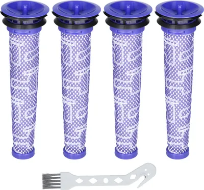 Four purple and white vacuum cleaner filters and a white cleaning brush are displayed against a white background.