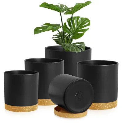 Immagine prodotto di Set di 5 vasi con sottovaso, dimensioni 10,2-17,8 cm, in plastica, con vassoio nero-marrone