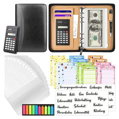 Produktbild von Budget Planner Deutsch, Kunstleder A6 Budget Binder mit Cash Umschläge Rechner, Geld Organizer für Geldsparen (Schwarz)