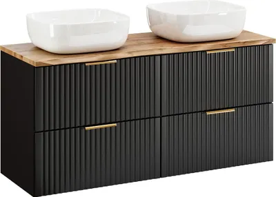 Produktbild von Badezimmer Doppelwaschtisch mit 120 cm Breite, schwarz und Eiche mit Baumkantenoptik, gerillte Front, 4 Schubladen & 2 Aufsatzbecken - ADELAIDE-56-BLACK