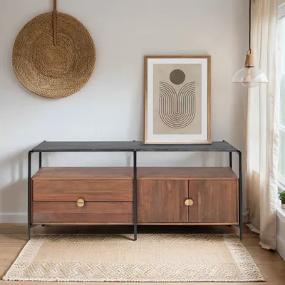 Image de Meuble TV en marbre avec rangement en acacia massif 152 cm - Oviala Mona
