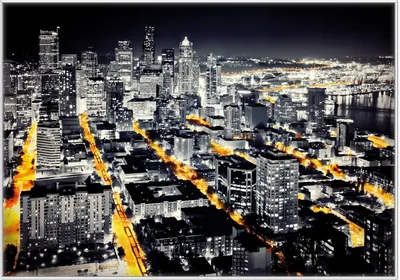 Produktbild von Wallario Wandbild Großstadt bei Nacht - Seattle in schwarz weiß gelb, Größe: 70,30 x 100,30 cm, Poster mit weißem Kunststoffrahmen