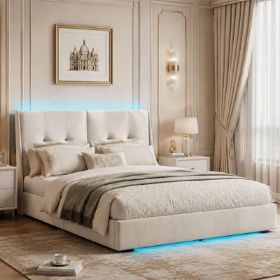 Image de INONEFT, lit hydraulique 160 x 200 cm, lit capitonné avec éclairage LED et espace de rangement, lit pour adultes, lit double avec sommier à lattes, revêtement en velours, couleur beige, sans matelas