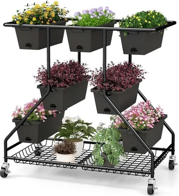 Image de Support à fleurs et étagère à plantes - Escalier à fleurs avec roulettes - 7 pots, 2 paniers - Trous de drainage - 100 x 56 x 99 cm - Noir