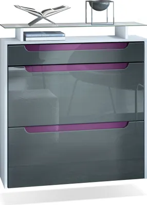 Produktbild von Vladon Schuhschrank Annie, Schuhkipper für 16 Paar Schuhe mit 2 Klappen, 1 Schublade und Glasablage, Weiß matt/Grau Hochglanz, Griffmulden in Brombeer Hochglanz (89 x 96 x 23 cm)