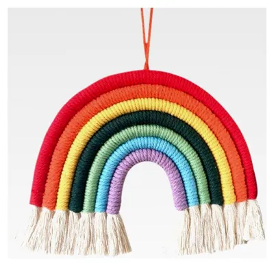 Produktbild von Makramee Wandteppich Regenbogen mit Bommel für dekorative Zwecke